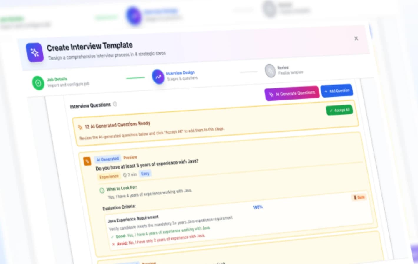 Interviewfy interview flow with recruiter screen questions and AI evaluation tags