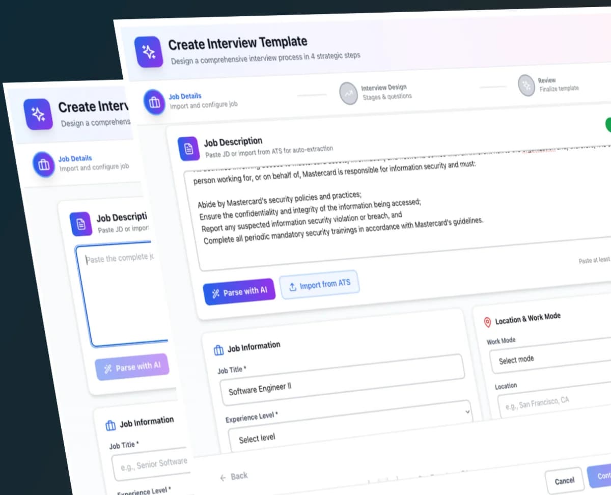 Interviewfy Create Interview Template flow with AI-generated interview questions and a Job Description panel