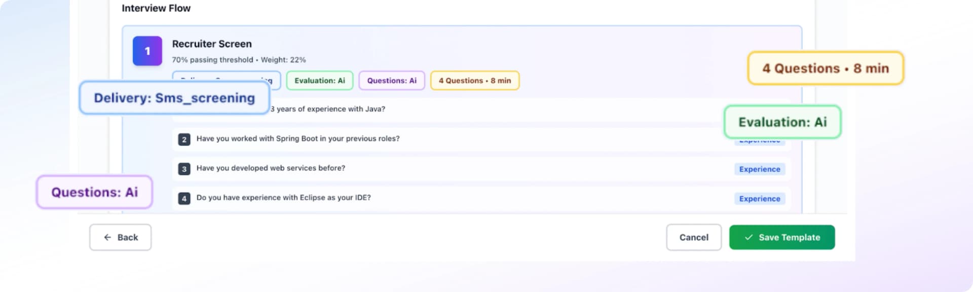 Interviewfy recruiter screen questions with delivery, evaluation, and question tags