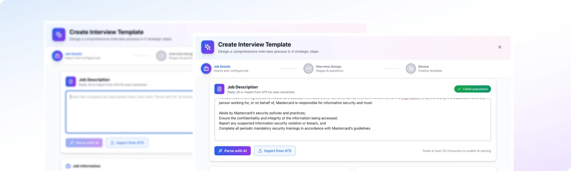 Interviewfy Create Interview Template flow with job description panels