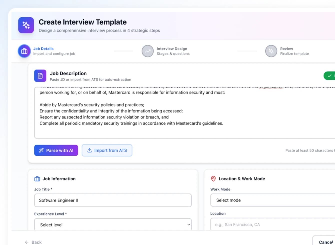 Interviewfy Create Interview Template flow with a Job Description panel and Job Information form