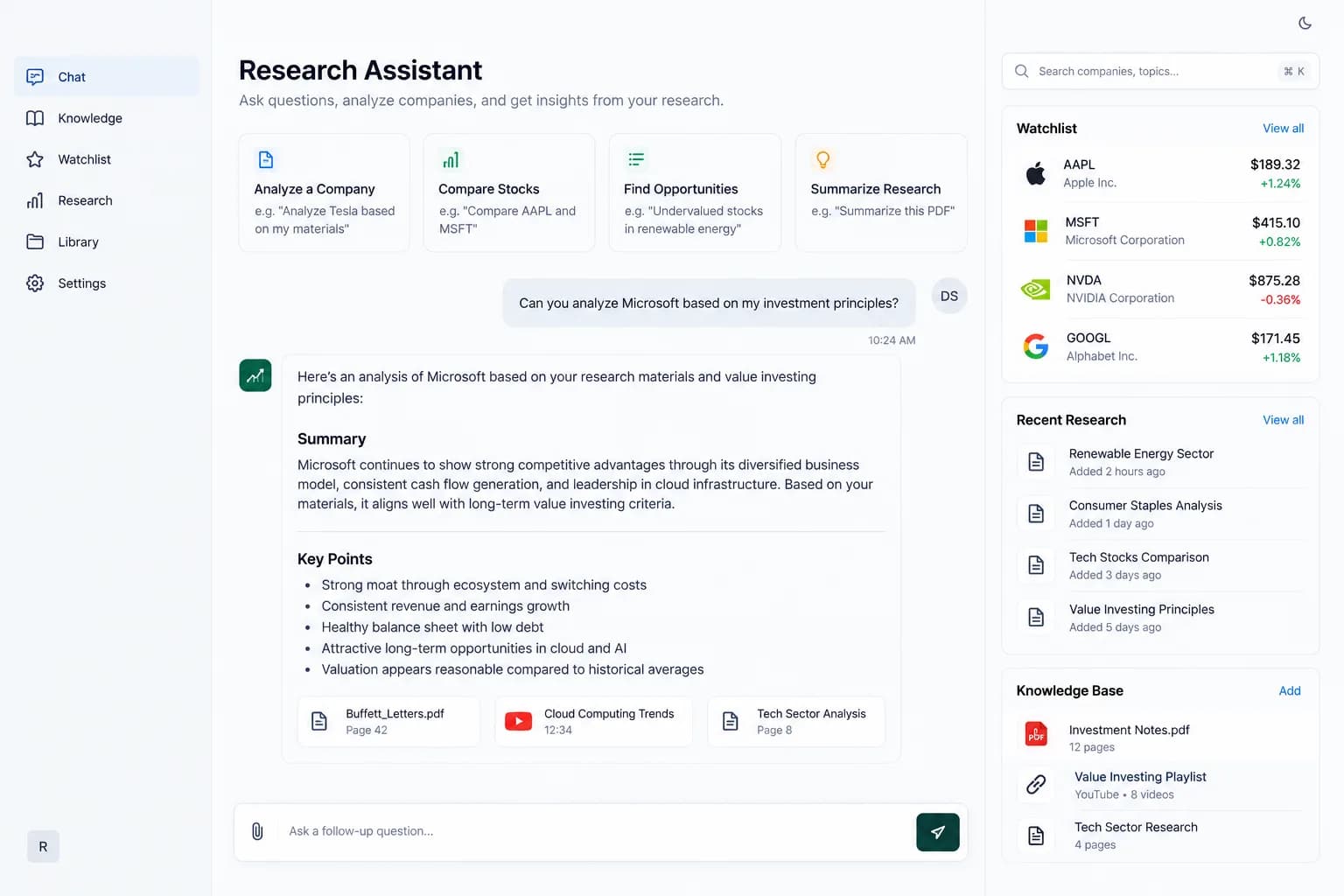 Value Investor Research Assistant chat interface with company analysis and a stock watchlist