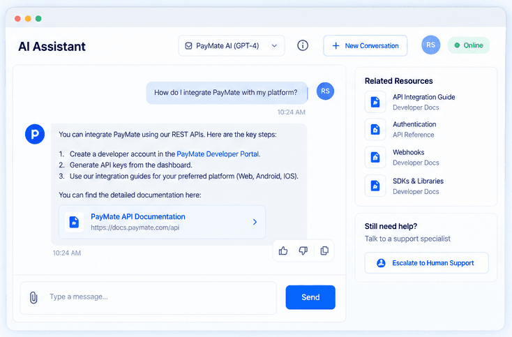 AI assistant reply with linked documentation sources