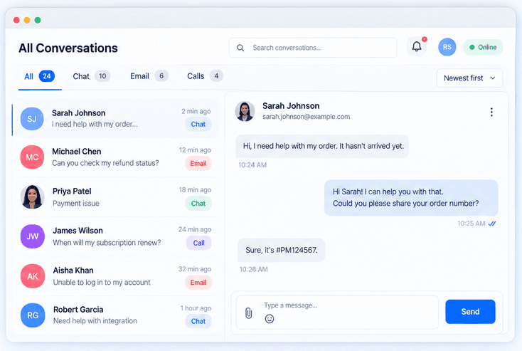 Unified conversation inbox across chat, email, and calls