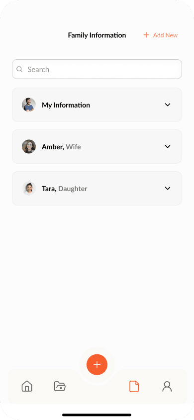 Family Information screen listing household members: My Information, Amber (Wife), Tara (Daughter)