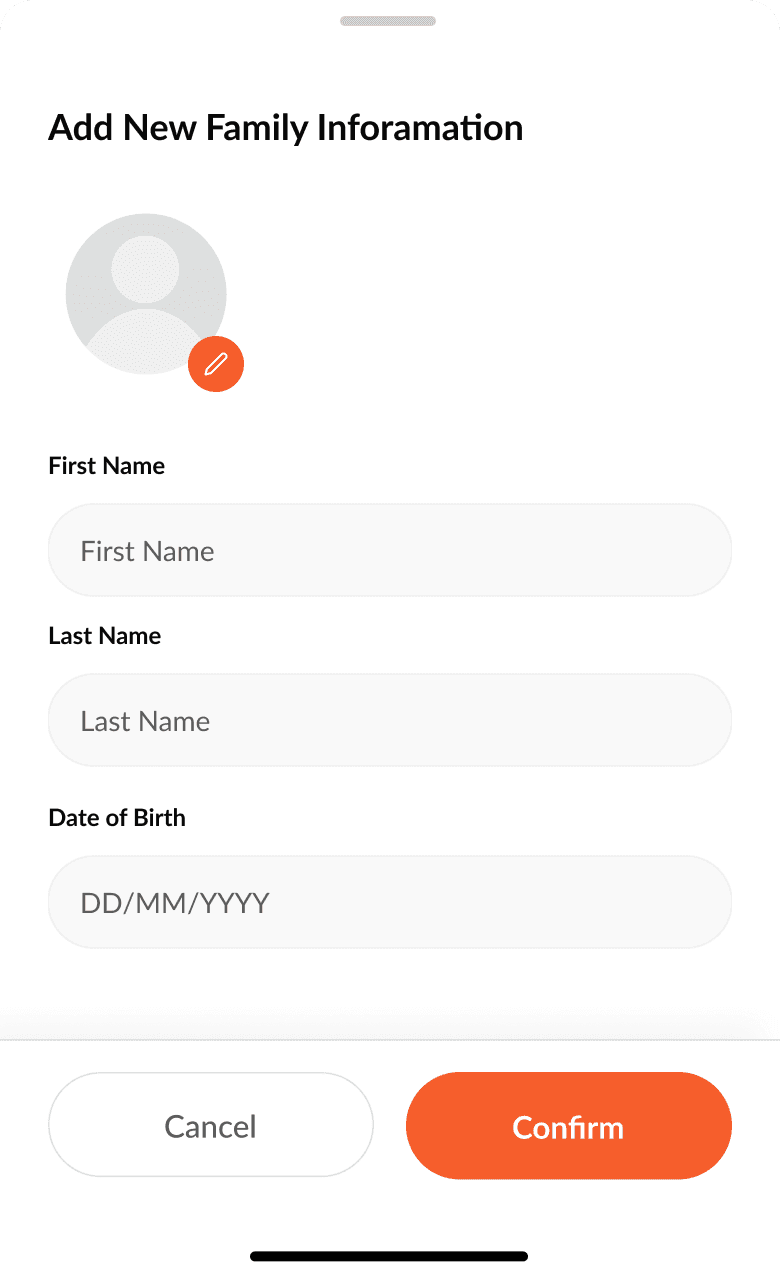 Add New Family Information form with name and date of birth fields