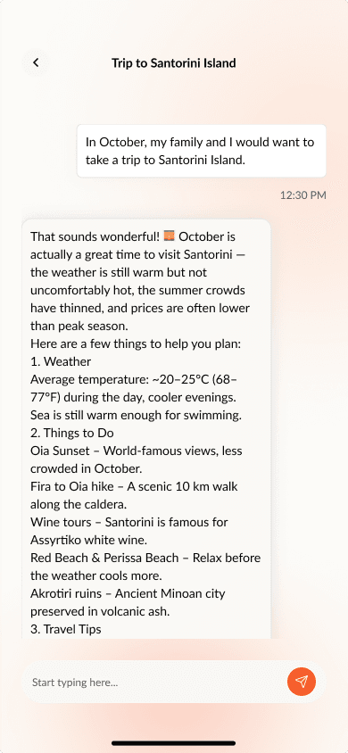 Stewart chat reply with weather and travel details for Santorini Island