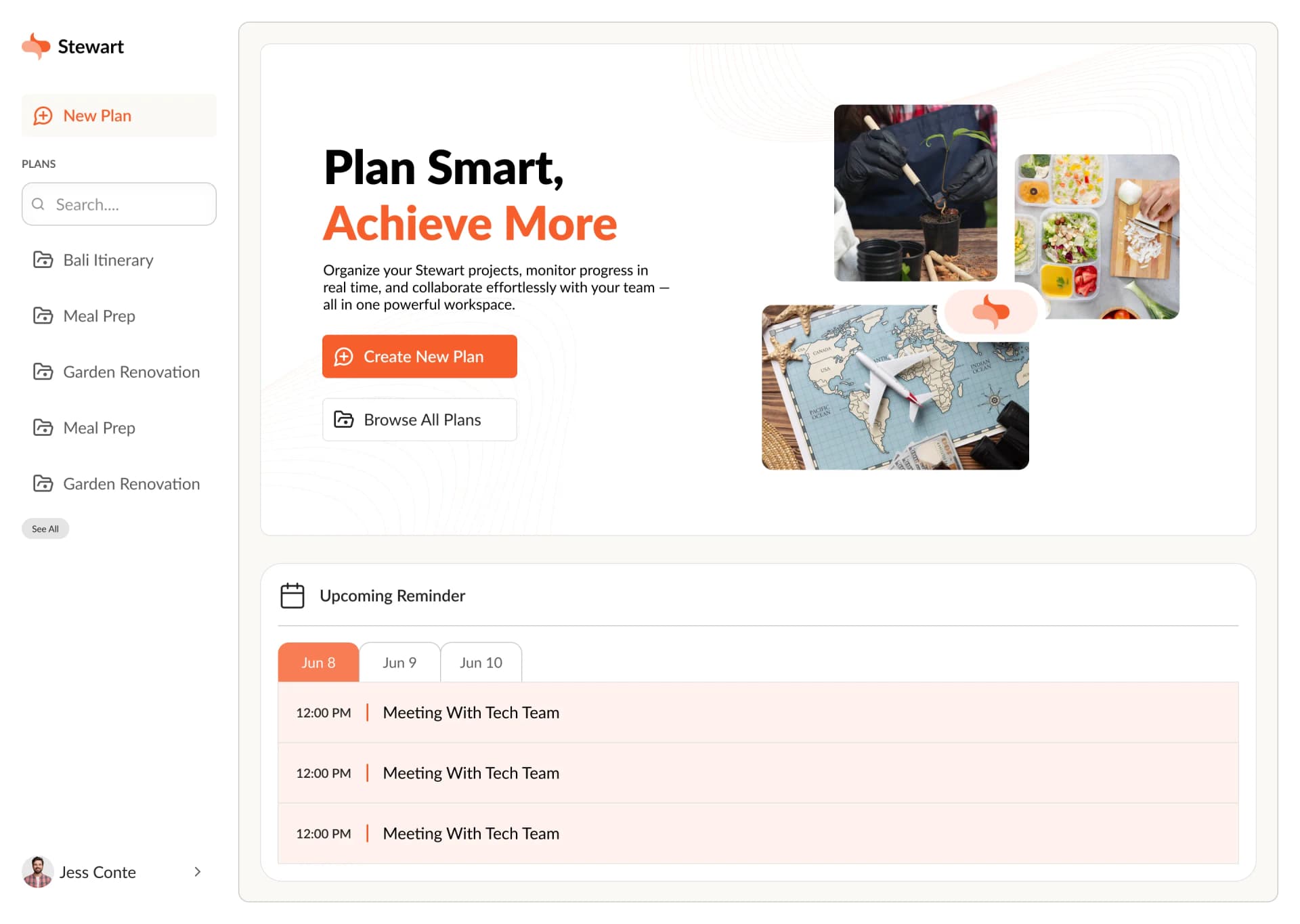 Stewart dashboard showing household planning tools and a phone mockup of the mobile app
