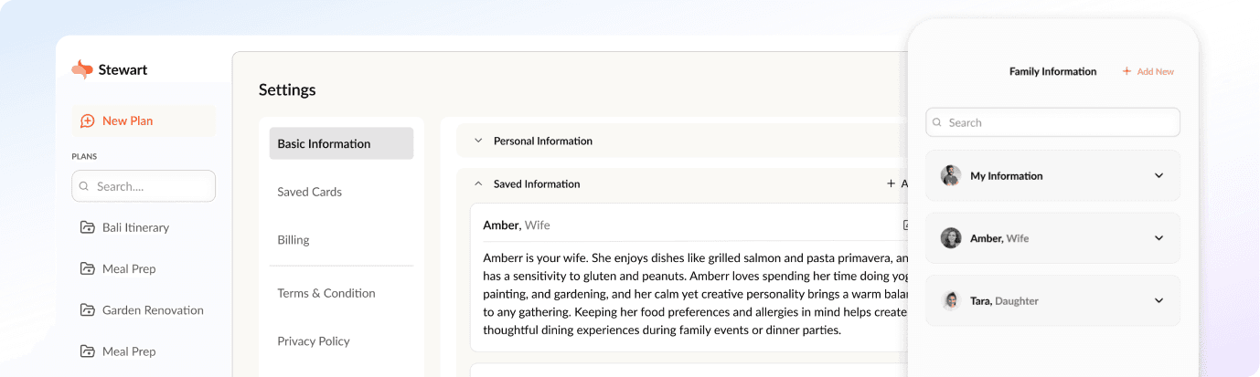 Stewart Settings screen with Amber's saved family information beside the Family Information list