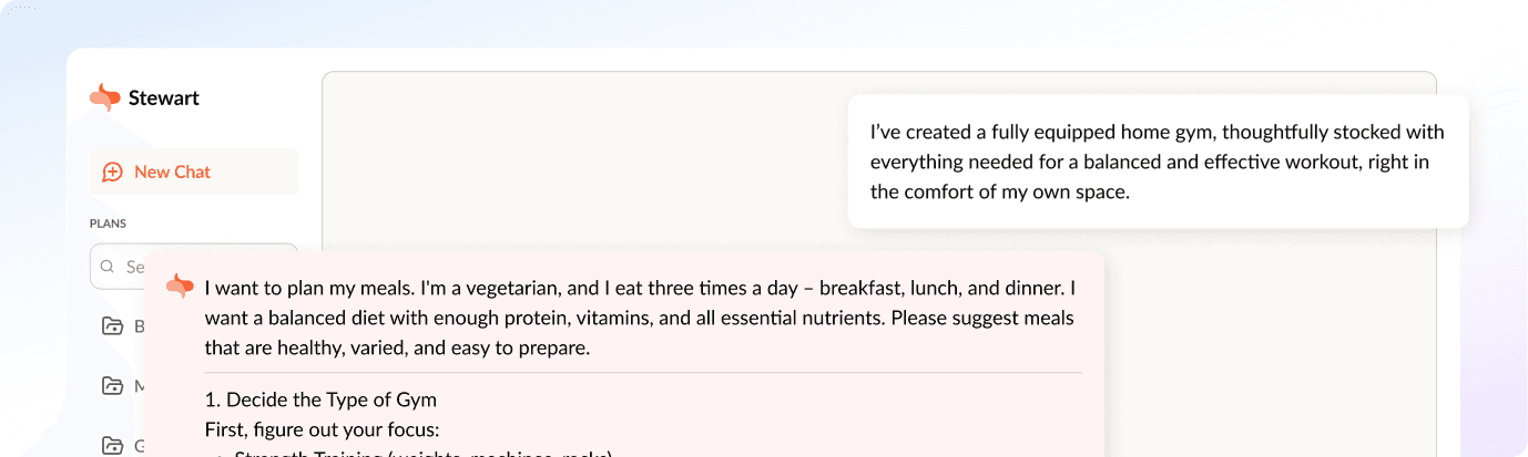 Stewart chat conversation planning a home gym, with a reply drafted about a fully equipped home gym