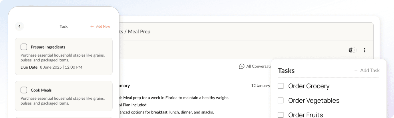 Stewart Task screen with Prepare Ingredients and Cook Meals items beside a Meal Prep task list