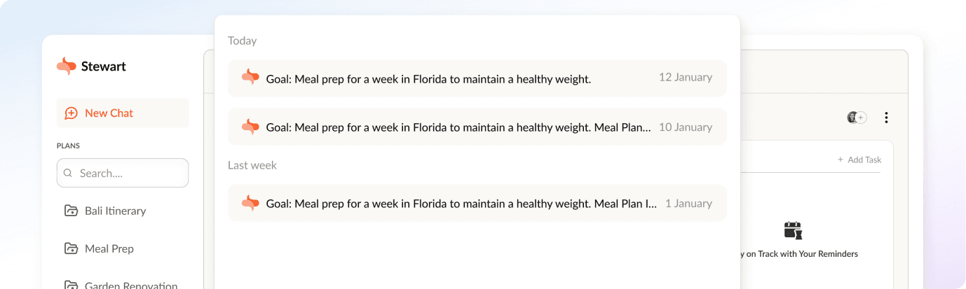 Stewart chat history of meal-prep planning goals beside a reminders panel