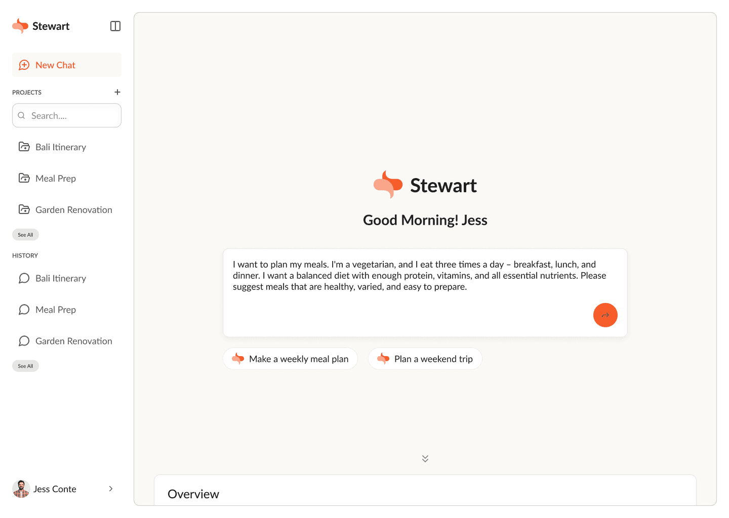 Stewart dashboard interface showing household planning content