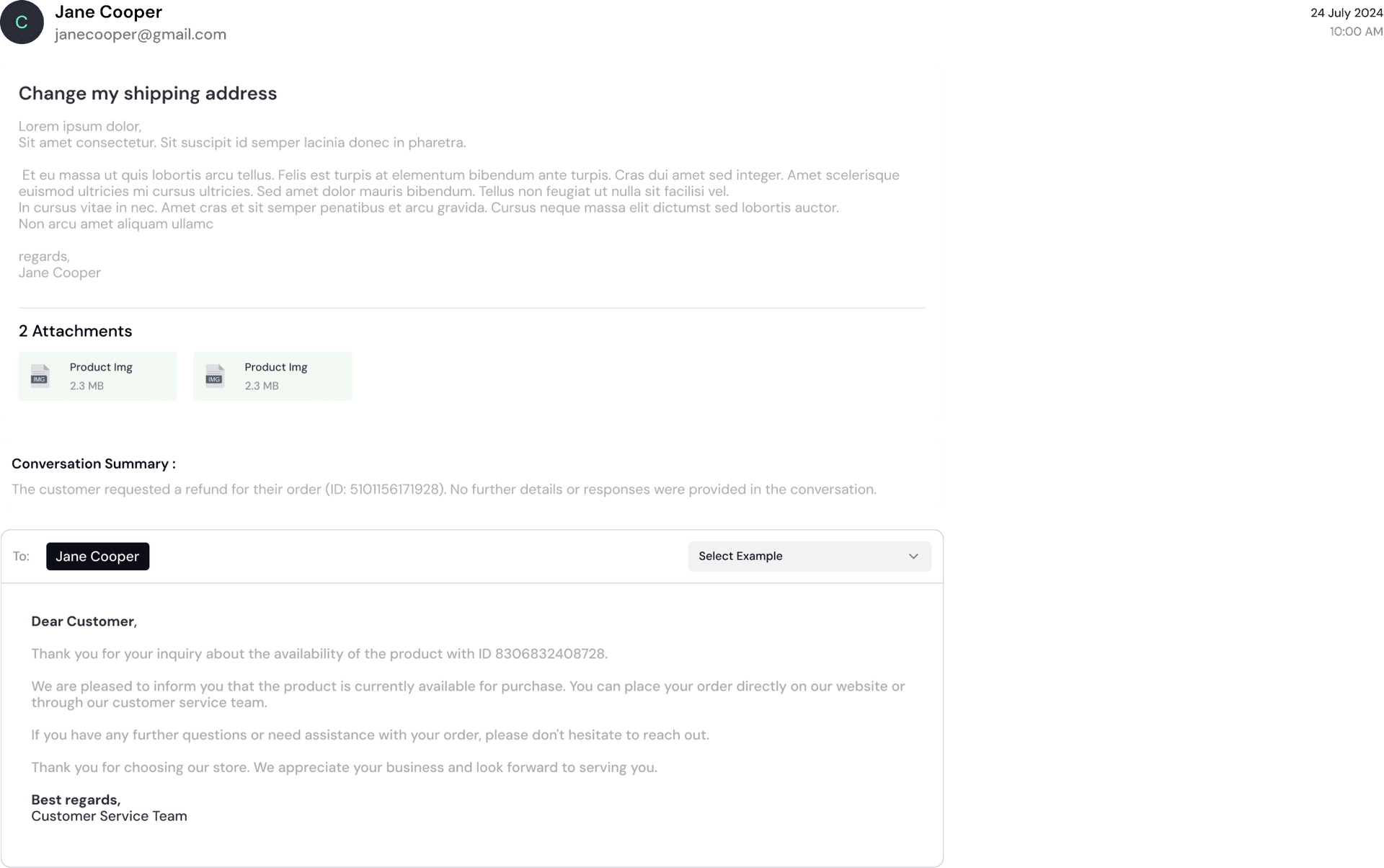 Zenva email conversation showing a customer's shipping address change request with an AI-drafted reply
