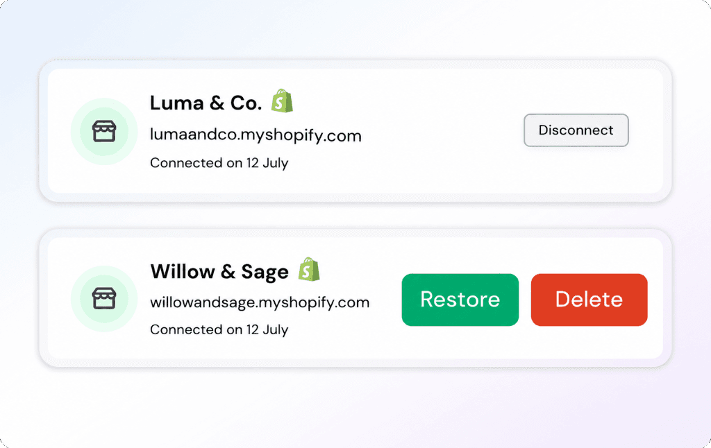 Zenva connected Shopify stores management panel showing Luma & Co. and Willow & Sage with disconnect, restore, and delete options