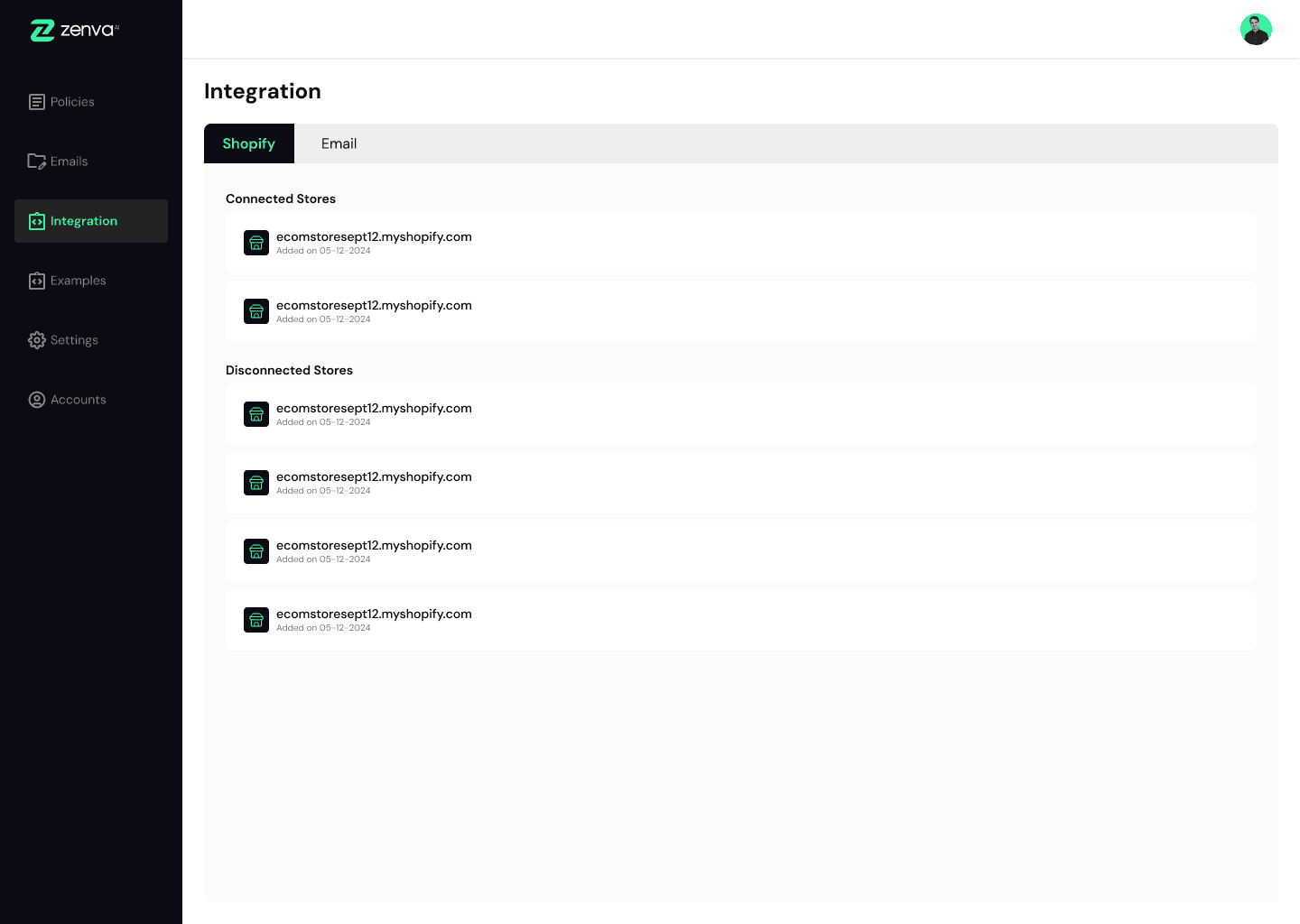 Zenva Integration screen listing connected and disconnected Shopify stores