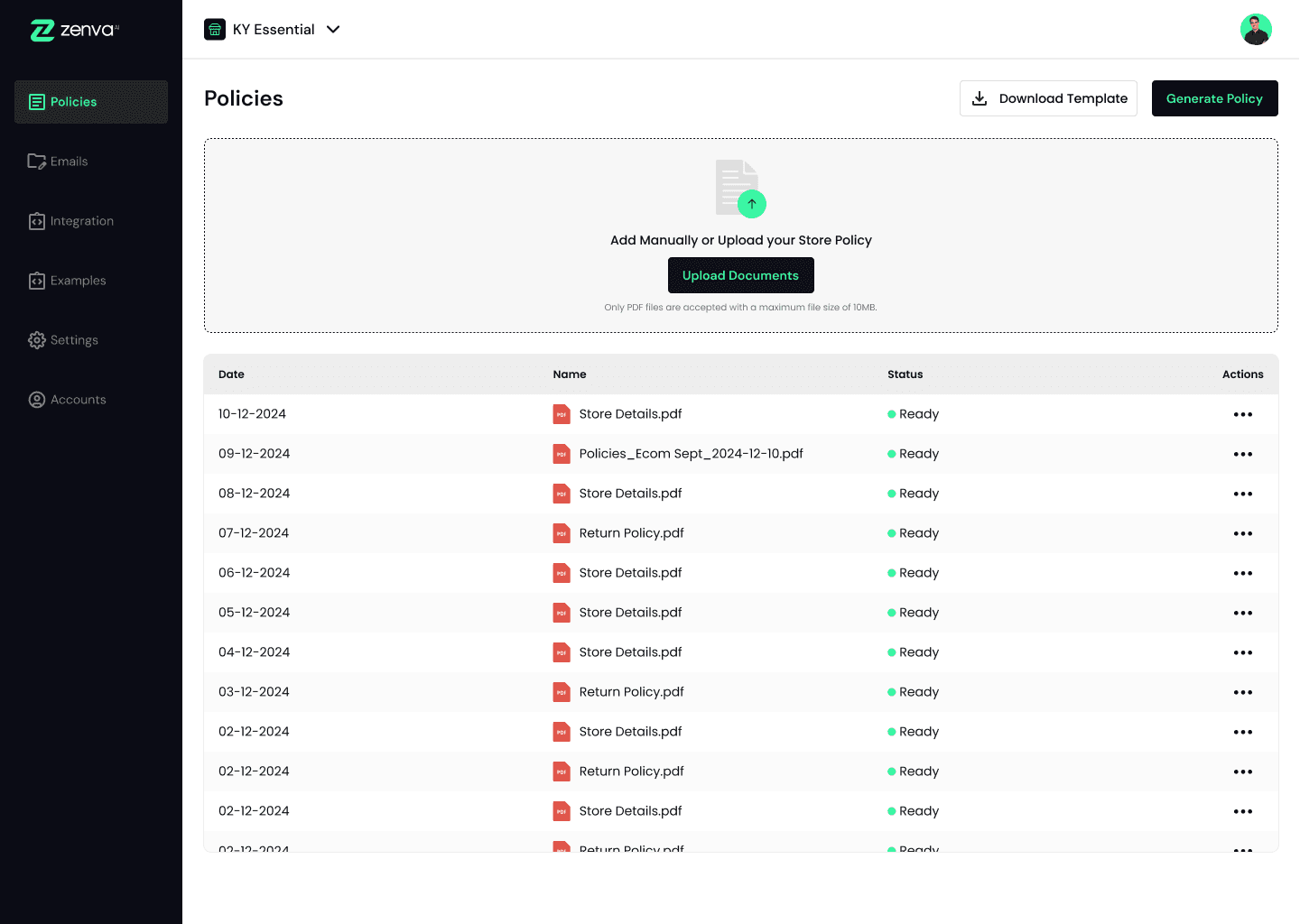 Zenva Policies screen for uploading and managing store policy documents