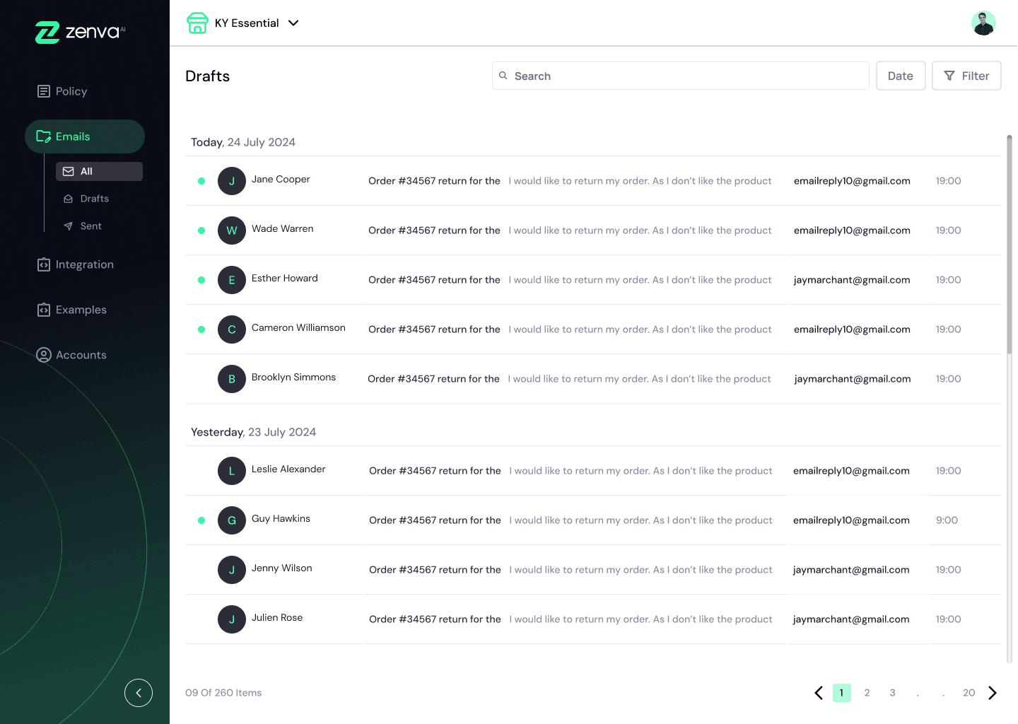 Zenva Drafts dashboard listing automated customer email responses