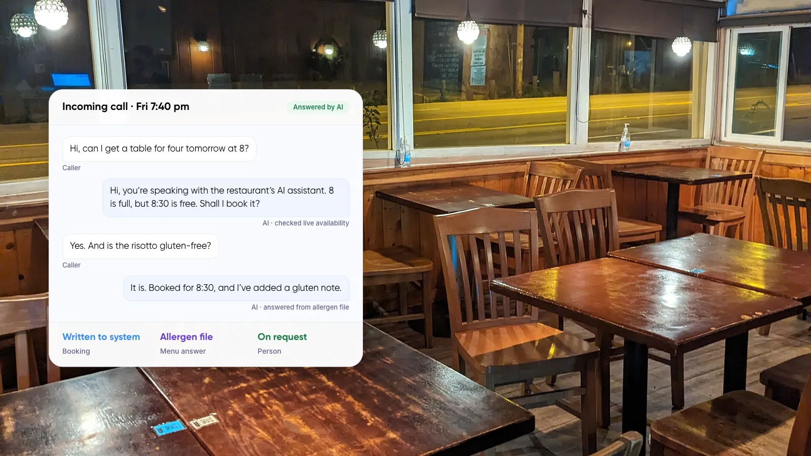 AI voice agent answering restaurant calls for bookings, menus and opening hours, shown as a call card over an evening dining room