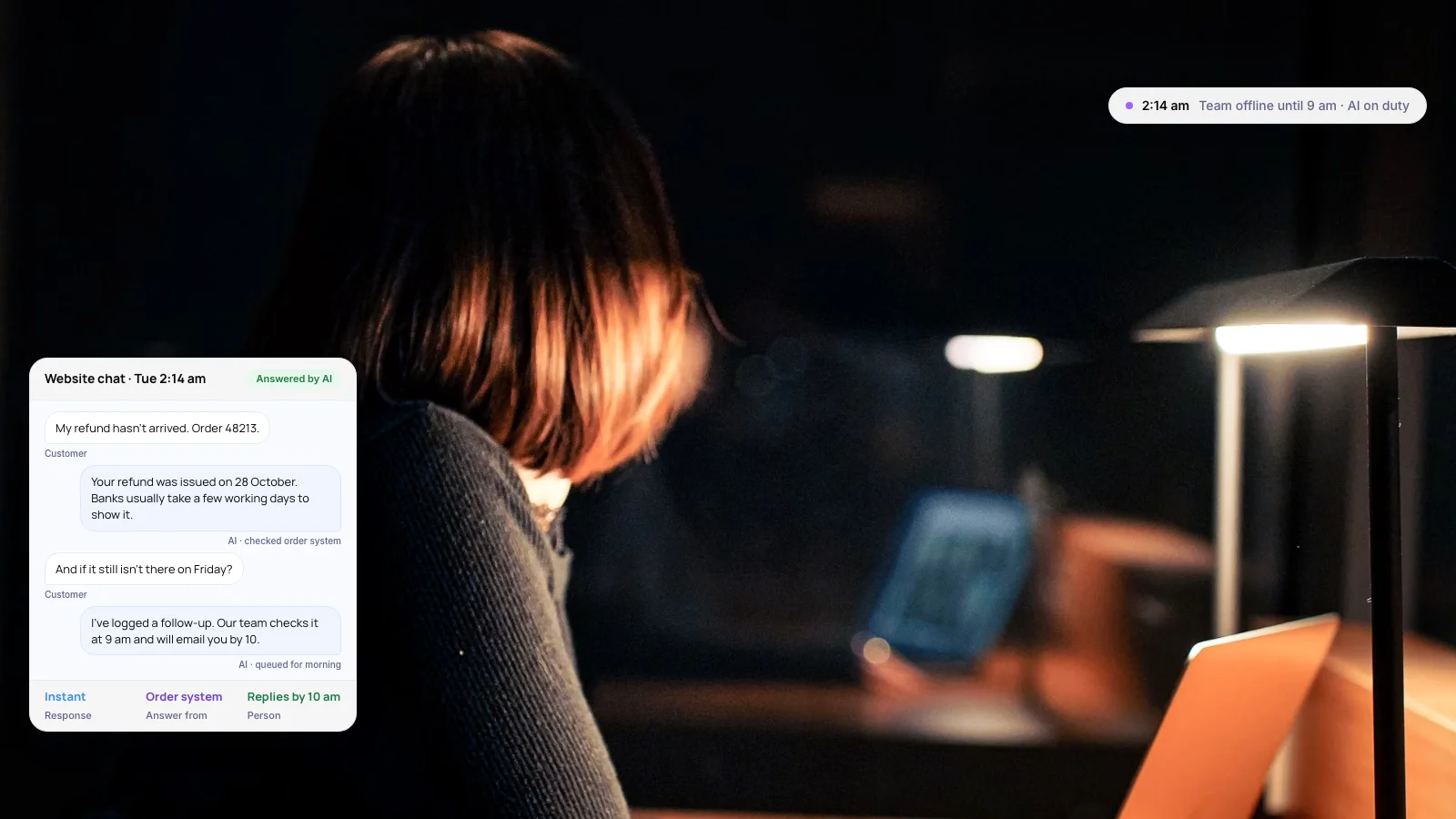 Automated customer support answering a customer chat at 2:14 am while the team is offline