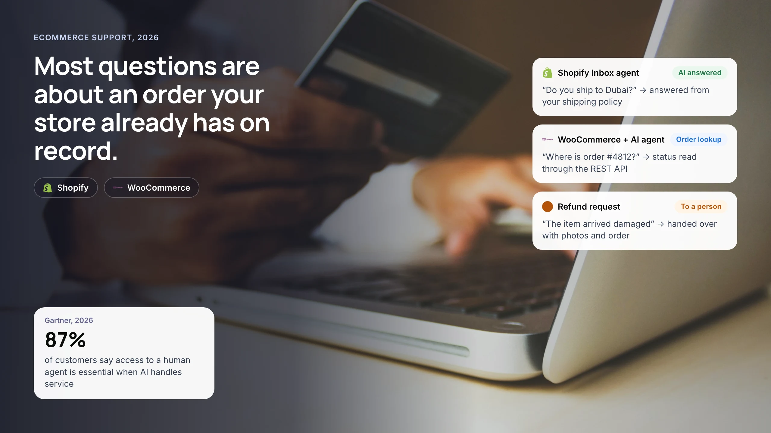 Customer support automation on Shopify and WooCommerce: a shopper paying online, with notes on AI answers, order lookups and handoff to a person