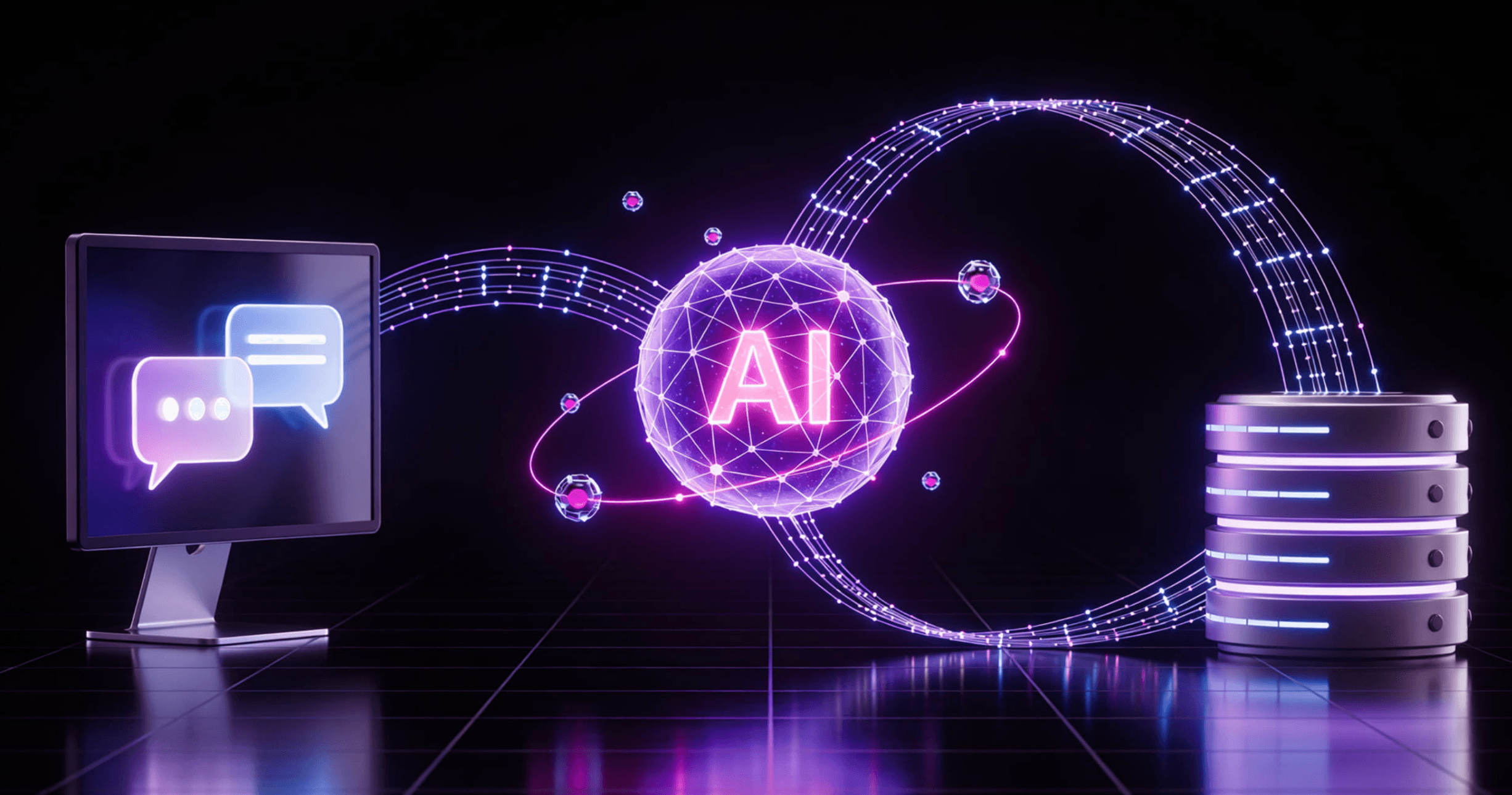 Illustration of AI-powered customer service automation connecting to data servers