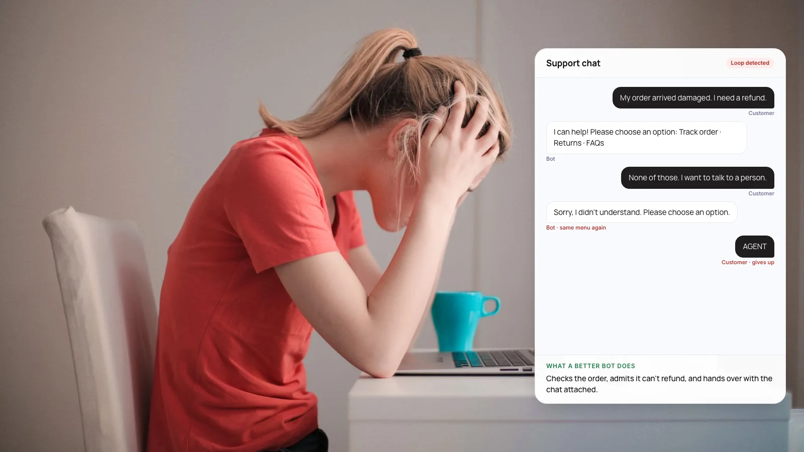 Customer frustrated with a customer service chatbot, head in hands at a laptop