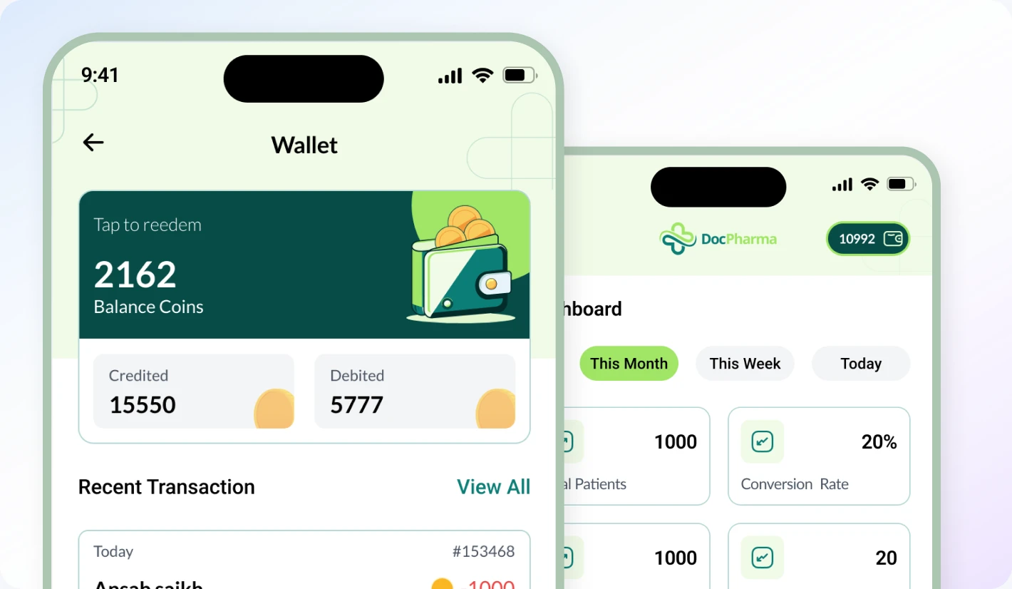 DocPharma wallet screen with balance coins alongside a dashboard with total patients and conversion rate