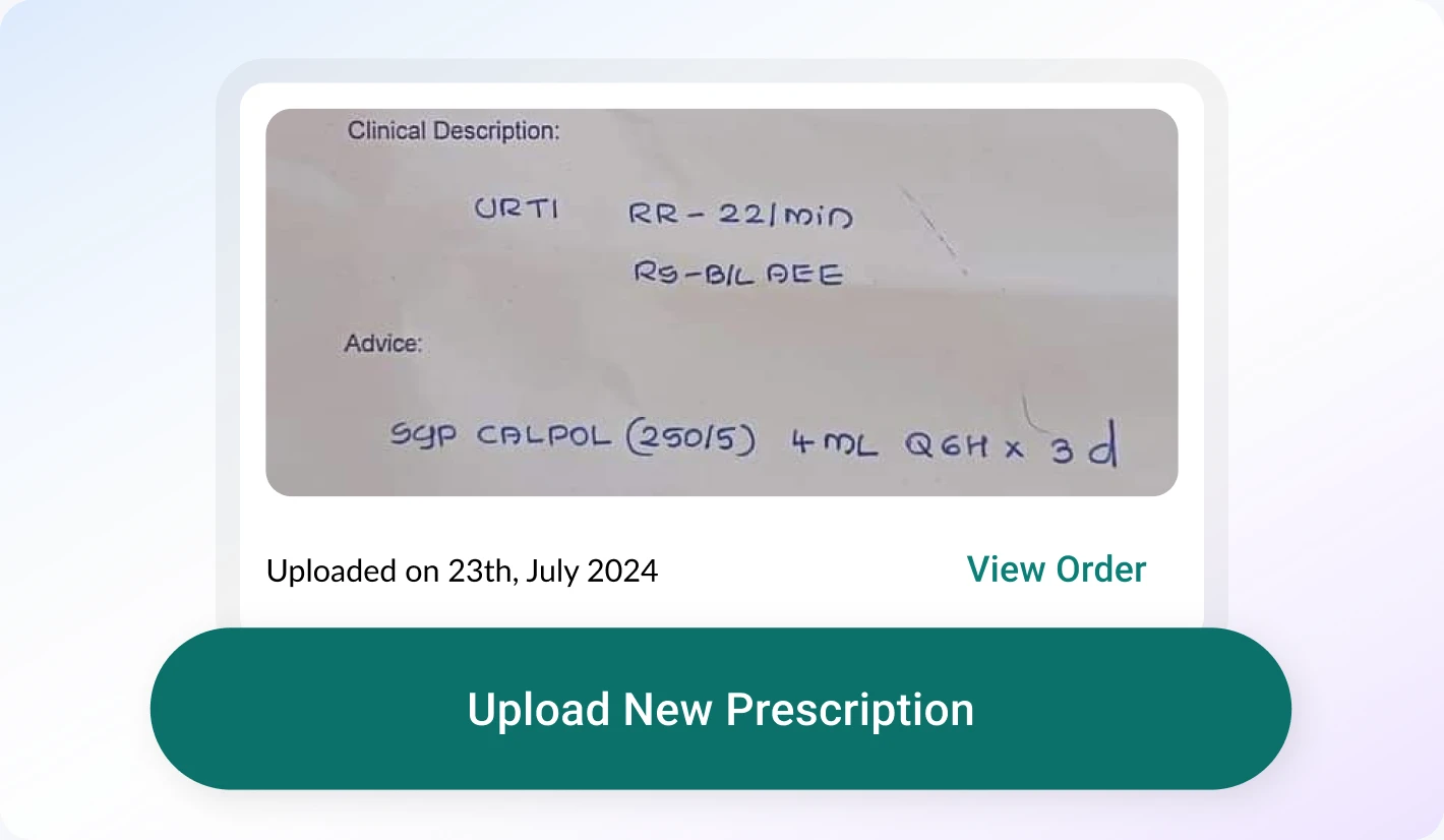 DocPharma prescription history card with an upload new prescription button