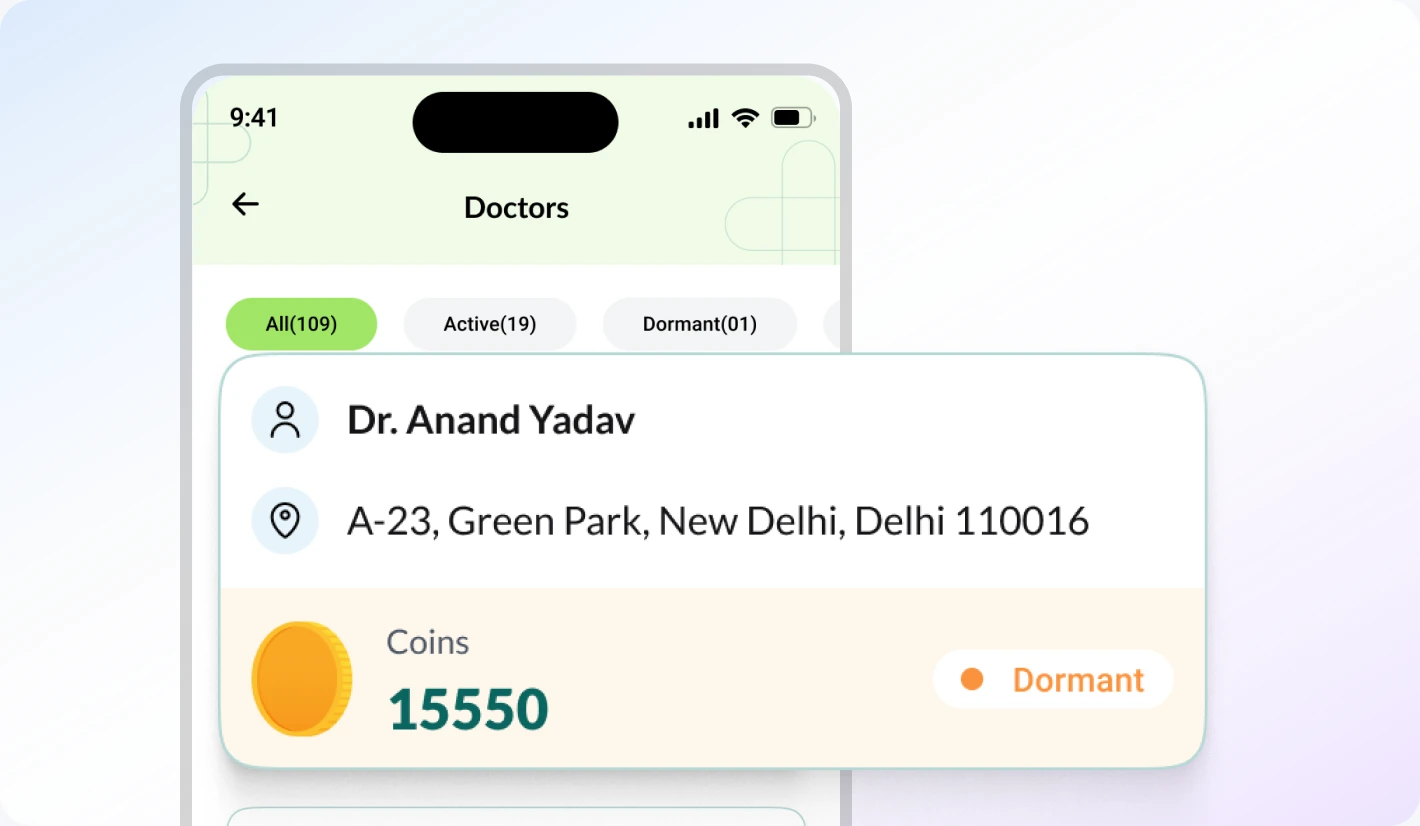 DocPharma doctors directory screen with a doctor profile card showing coin balance and dormant status