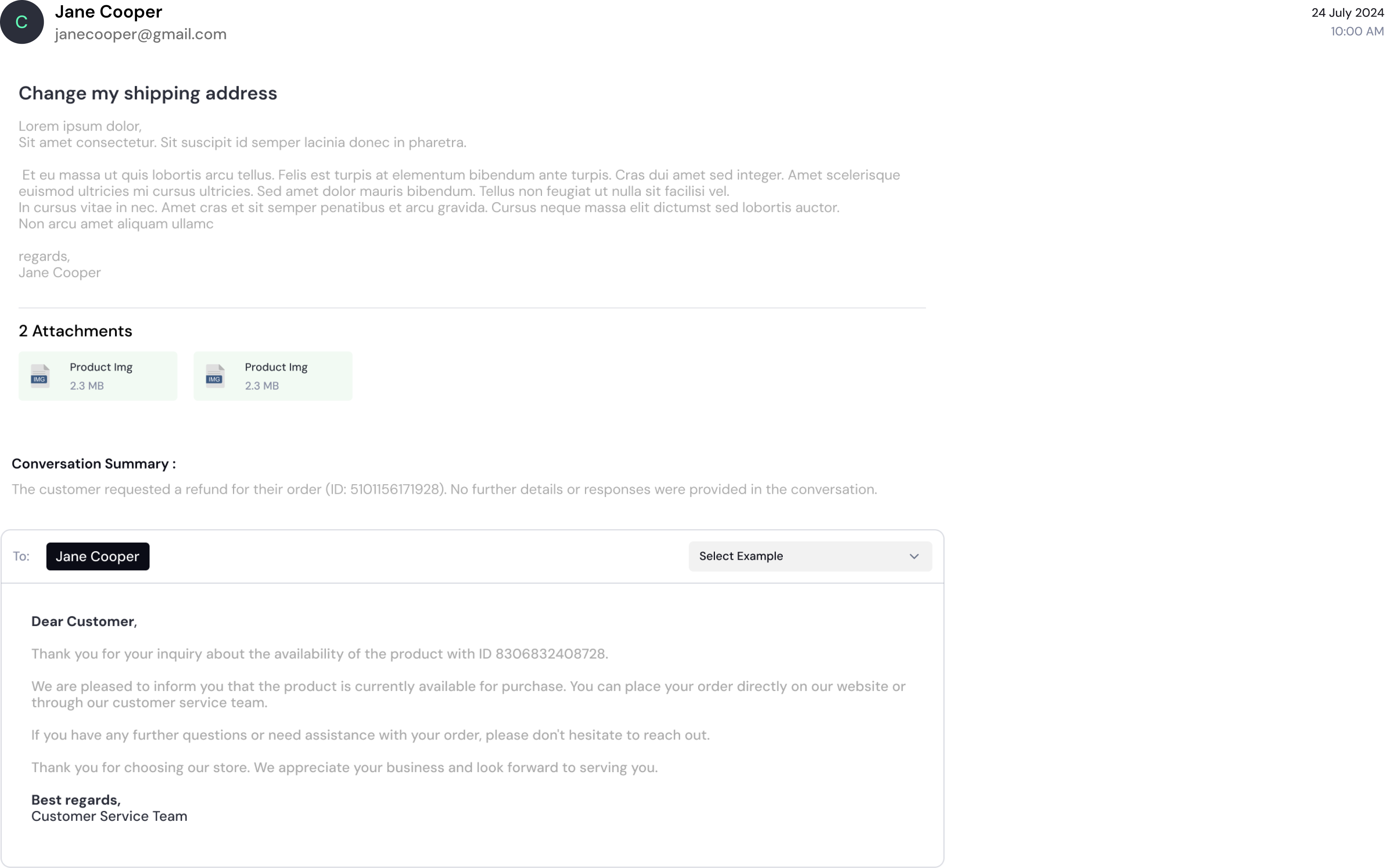 Zenva email conversation showing a customer's shipping address change request with an AI-drafted reply
