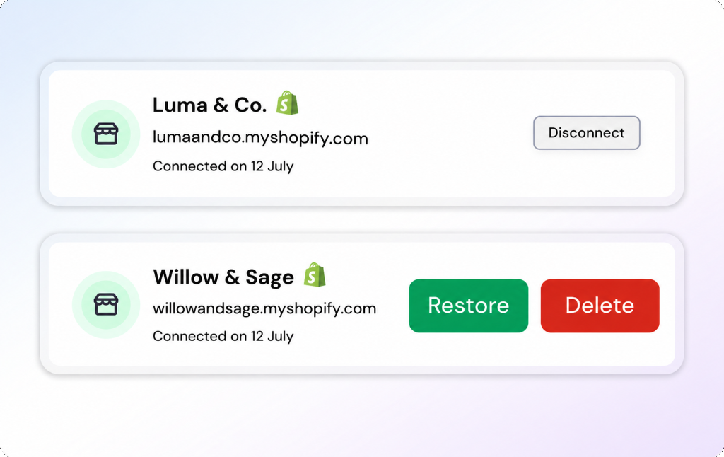 Zenva connected Shopify stores management panel showing Luma & Co. and Willow & Sage with disconnect, restore, and delete options