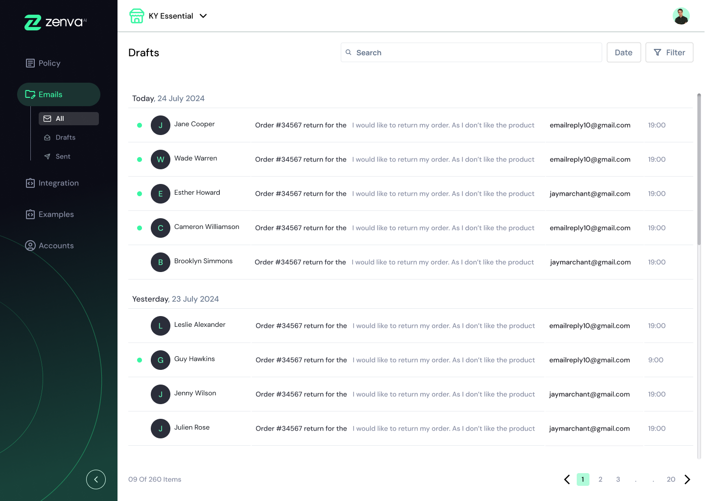 Zenva Email Drafts dashboard with automated customer support responses
