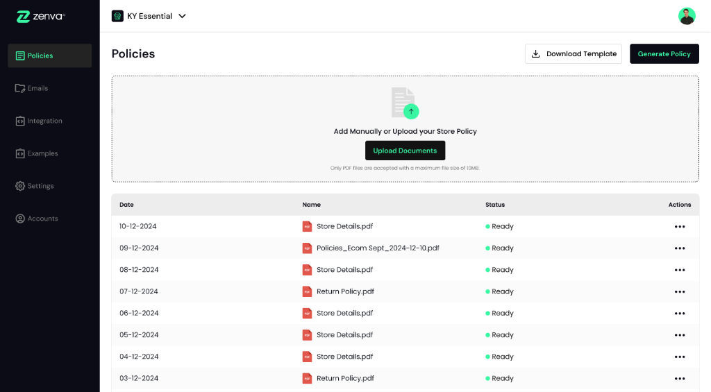 Zenva Policies dashboard for uploading store return and refund policy documents
