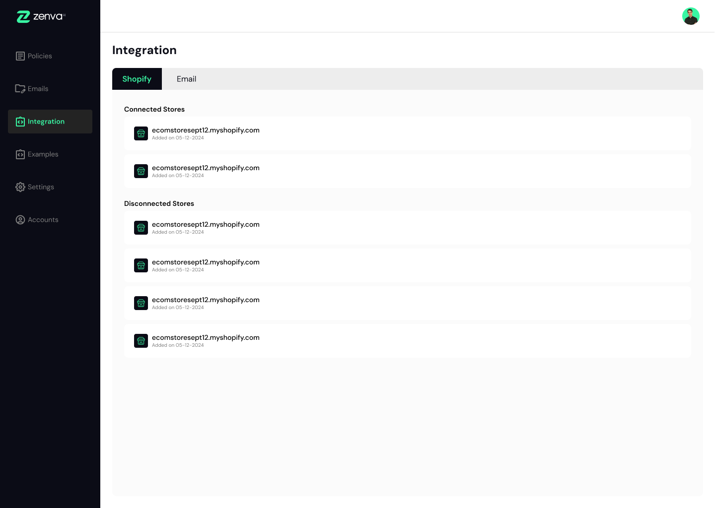 Zenva Integration screen listing connected and disconnected Shopify stores
