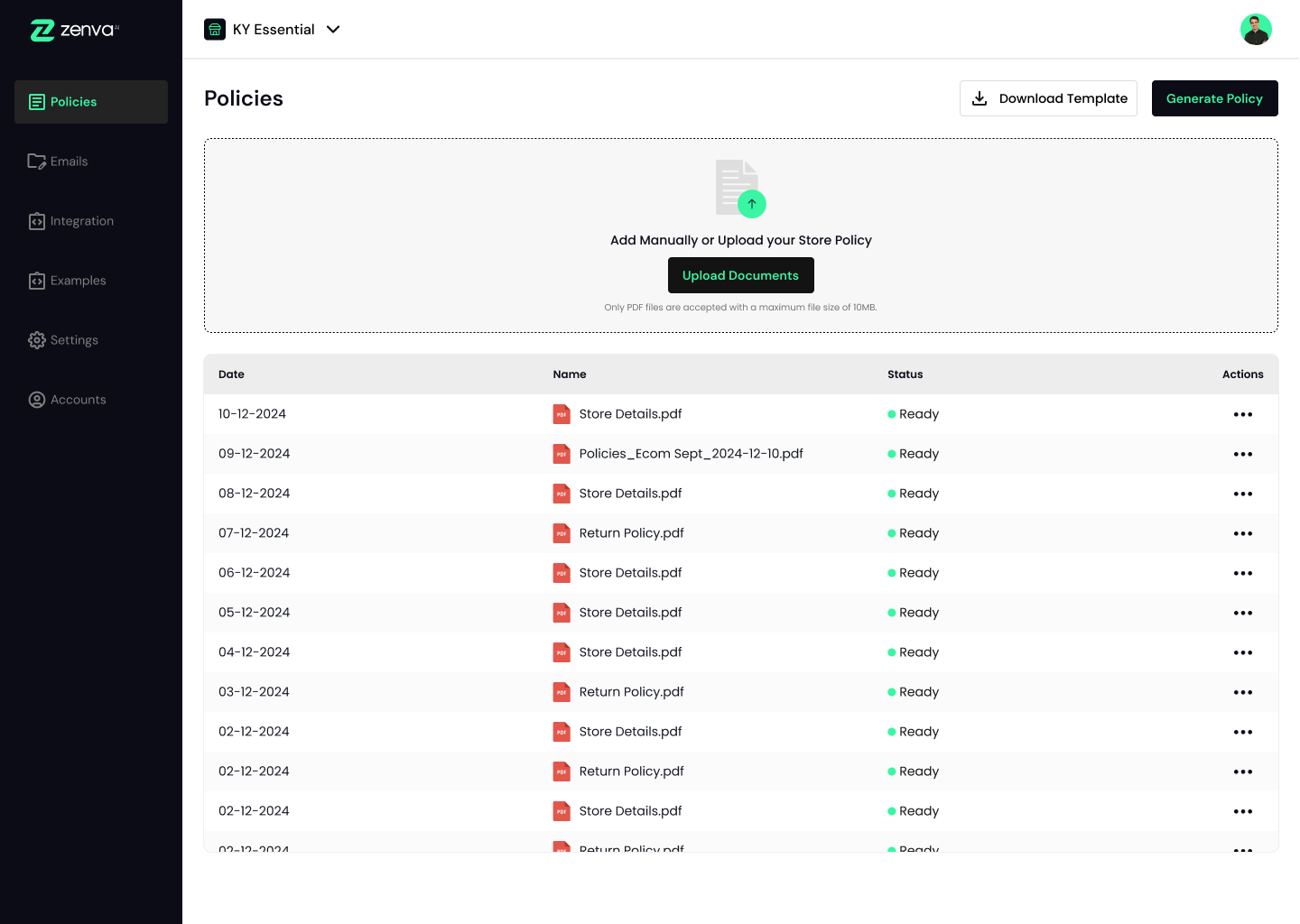 Zenva Policies screen for uploading and managing store policy documents