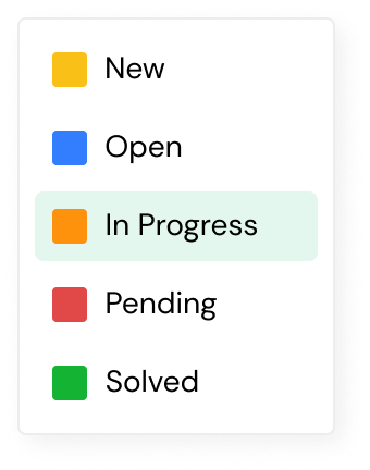 Zenva ticket status selector showing New, Open, In Progress, Pending, and Solved options